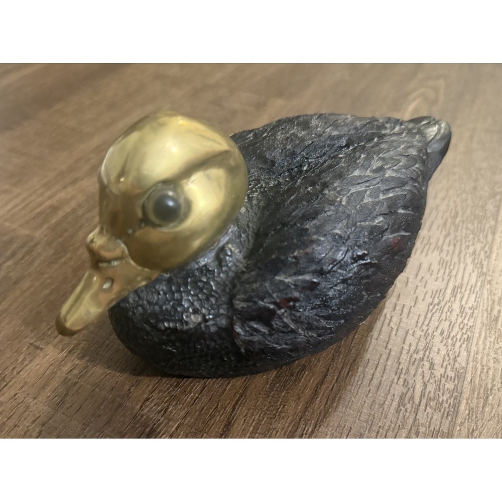 Vintage 1983 Enesco Duck Figurine Decoy Paperweight Brass Head 7" Made in Taiwan